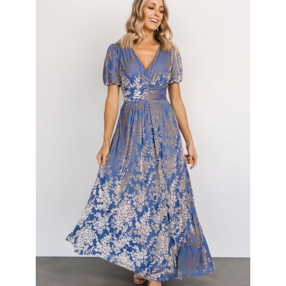 Baltic Born Leslie Velvet Blue Silver Embossed Floral Maxi Dress Size 2X